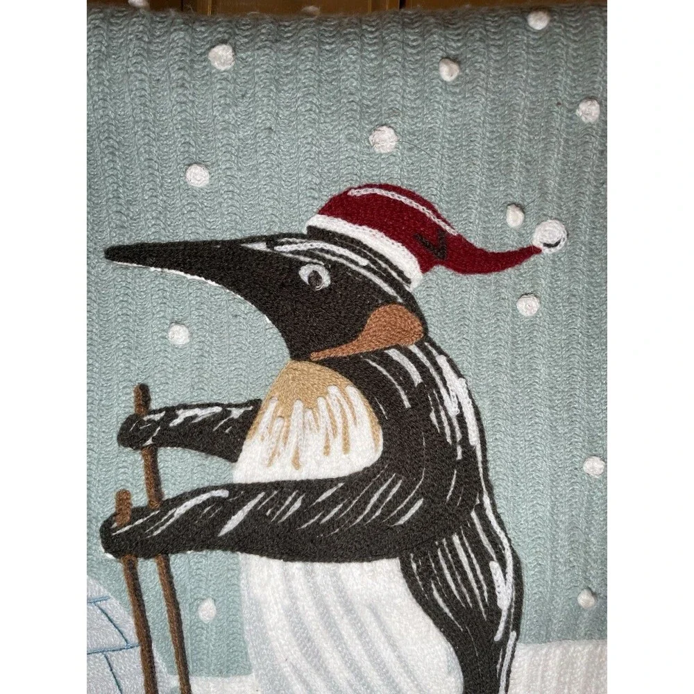Pottery Barn Christmas Skiing Penguin Crewel Embroidered Pillow Cover Blue 18x18